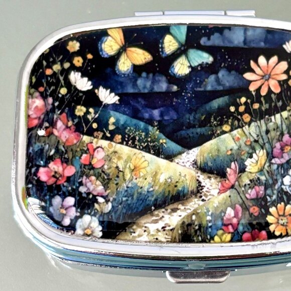 Enchanted Flower Meadow Butterflies Rectangular Purse Travel Vitamin Pill Box - Picture 2 of 5